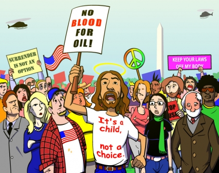 Jesus protesting war and abortion